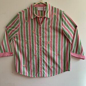 Alfred Dunner Woman's Shirt Pink & Green Stripes embroidered flowers